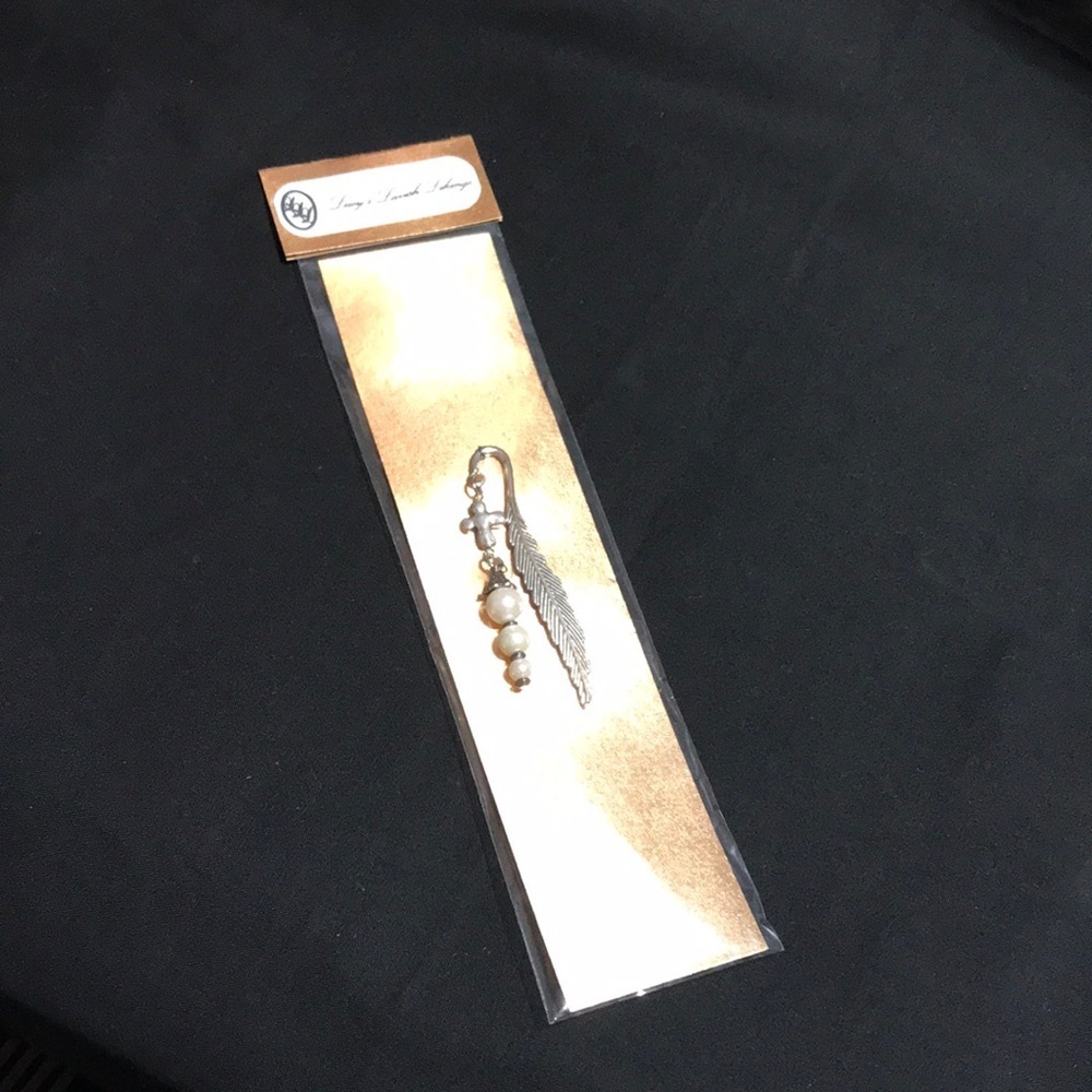 Metal Feather Hook Bookmark w/Metal Cross Bead & 3 White Glass Beads w/Bead Cap